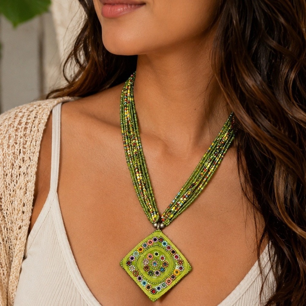 Multistrand Green Beaded Statement Necklace Large Mosaic Pendant Boho Artisan